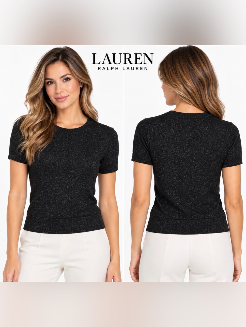 Lauren Ralph Lauren Black Metallic Sparkle Knit Short Sleeve Top Shimmer Women S